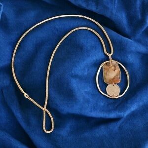 HANDMADE Stone & Coin Pendant Necklace with 30 Inch Gold Tone Chain